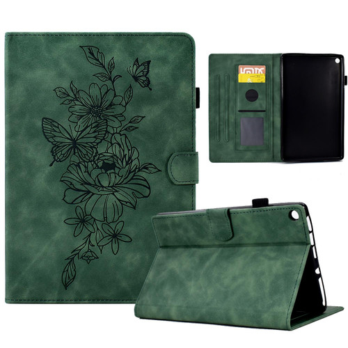 For Amazon Kindle Fire HD8 2018/2017/2016 Peony Butterfly Embossed Leather Smart Tablet Case(Green)