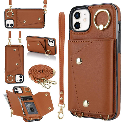 For iPhone 11 Zipper Card Bag Phone Case with Dual Lanyard(Brown)