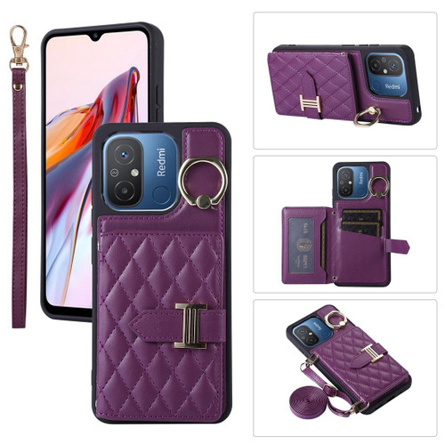 For Xiaomi Redmi 12C Horizontal Card Bag Ring Holder Phone Case with Dual Lanyard(Dark Purple)