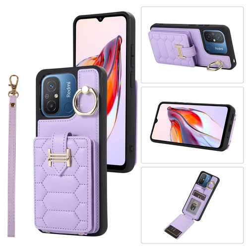 For Xiaomi Redmi 12C Vertical Card Bag Ring Holder Phone Case with Dual Lanyard(Purple)