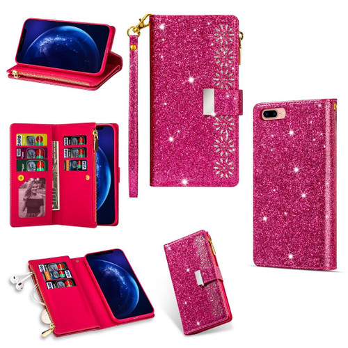 For iPhone 8 Plus / 7 Plus Multi-card Slots Starry Sky Laser Carving Glitter Zipper Horizontal Flip Leather Case with Holder & Wallet & Lanyard(Rose Red)