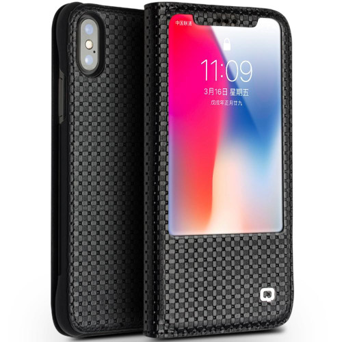 For iPhone X / XS QIALINO Grid Texture Horizontal Flip Leather Case  with Smart View Window & Sleep / Wake-up Function(Black)