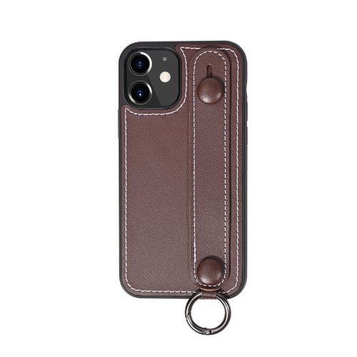 For iPhone 12 / 12 Pro Top Layer Cowhide Shockproof Protective Case with Wrist Strap Bracket(Coffee)