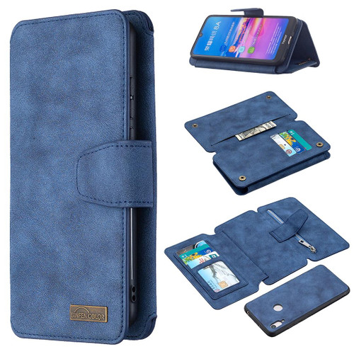 For Huawei Y6 (2019) Detachable Frosted Magnetic Horizontal Flip Leather Case with Card Slots & Holder & Zipper Wallet & Photo Frame(Blue)