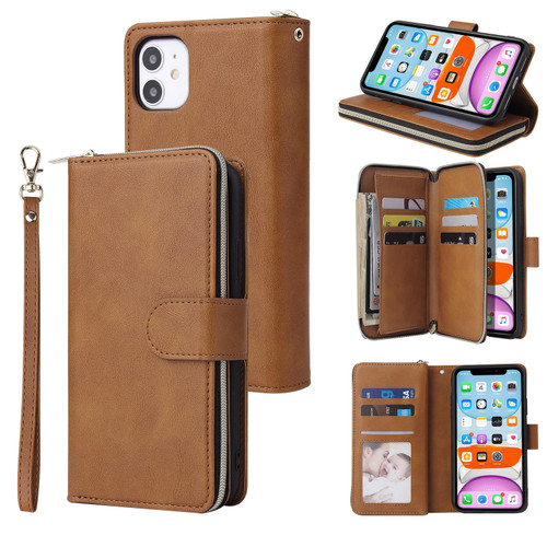 For iPhone 11 Pro Max Zipper Wallet Bag Horizontal Flip PU Leather Case with Holder & 9 Card Slots & Wallet & Lanyard & Photo Frame(Brown)