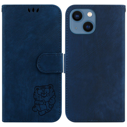 For iPhone 14 Little Tiger Embossed Leather Phone Case(Dark Blue)
