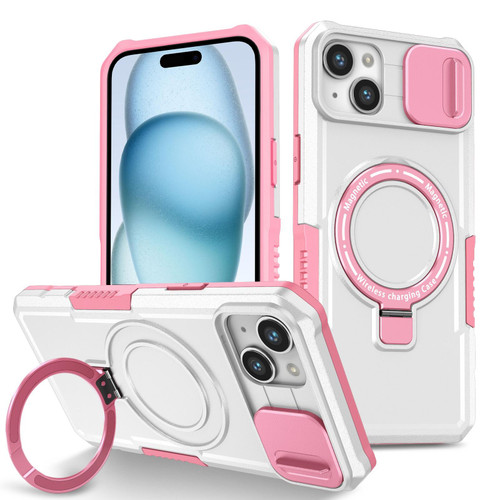 For iPhone 15 Plus Sliding Camshield Magsafe Holder TPU Hybrid PC Phone Case(Pink White)