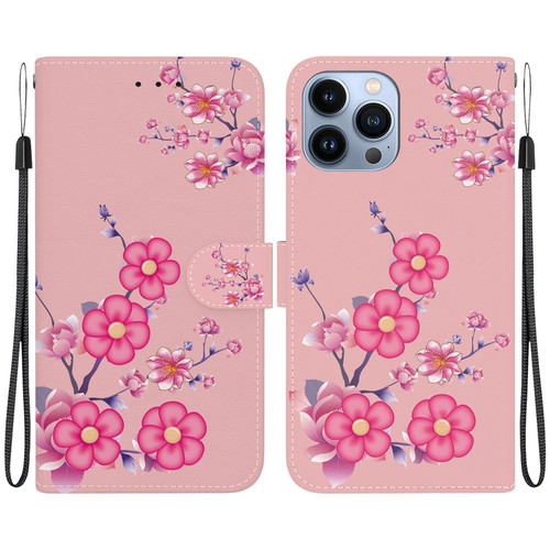 For iPhone 15 Pro Max Crystal Texture Colored Drawing Leather Phone Case(Cherry Blossoms)