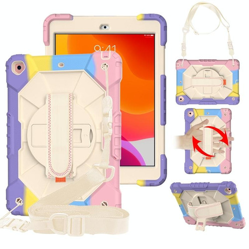 For iPad 10.2 2021 / 2020 / 2019 Contrast Color Robot Shockproof Silicon + PC Protective Case with Holder & Shoulder Strap(Colorful Purple Beige)