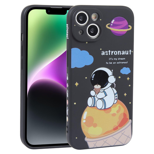 For iPhone 14 Plus Milk Tea Astronaut Pattern Liquid Silicone Phone Case(Ivory Black)