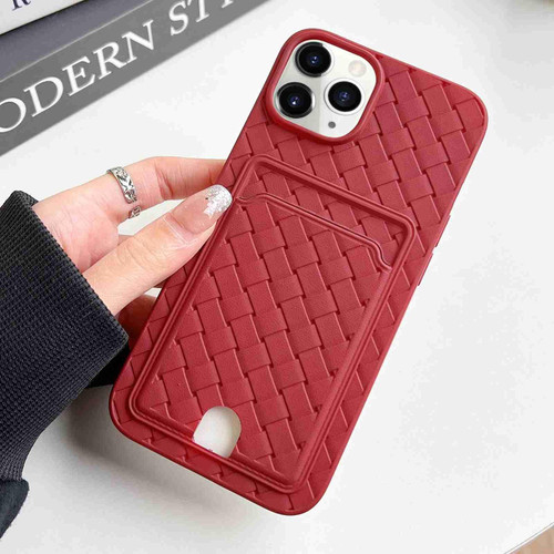 For iPhone 11 Pro Max Weave Texture Card Slot Skin Feel Phone Case with Push Card Hole(Red) For iPhone 11 Pro Max Weave Texture Card Slot Skin Feel Phone Case with Push Card Hole(Red)