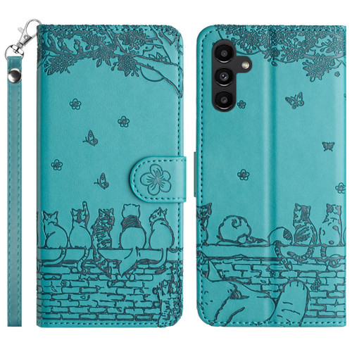 For Samsung Galaxy A05s Cat Embossing Pattern Leather Phone Case with Lanyard(Blue)