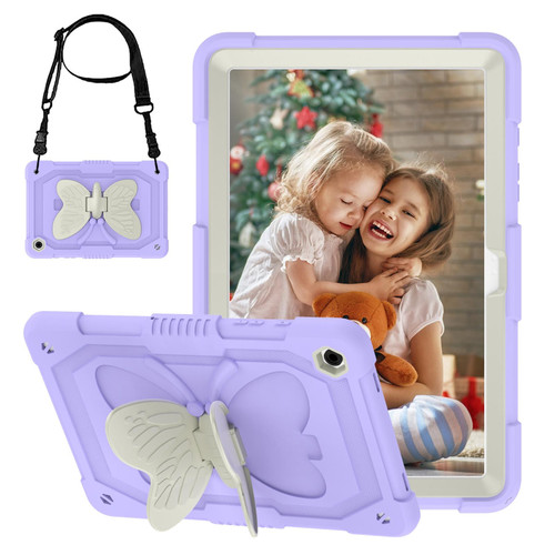 For Samsung Galaxy Tab A9+ Butterfly Kickstand Heavy Duty Hard Rugged Tablet Case(Beige+Raro Purple)