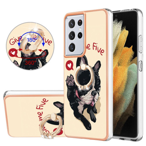 For Samsung Galaxy S21 Ultra 5G Electroplating Dual-side IMD Phone Case with Ring Holder(Lucky Dog)