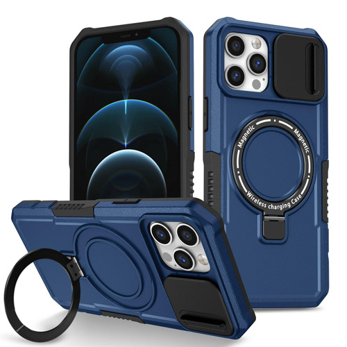 For iPhone 12 Pro Max Sliding Camshield Magsafe Holder TPU Hybrid PC Phone Case(Royal Blue)