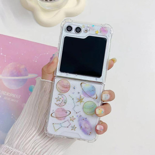 For Samsung Galaxy  Z Flip3 Cosmic Star Glitter Epoxy TPU Phone Case(Transparent planet)