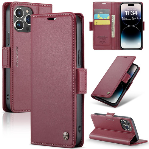 For iPhone 14 Pro Max CaseMe 023 Butterfly Buckle Litchi Texture RFID Anti-theft Leather Phone Case(Wine Red)