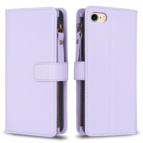 For iPhone SE 2022 / SE 2020 / 8 / 7 9 Card Slots Zipper Wallet Leather Flip Phone Case(Light Purple)