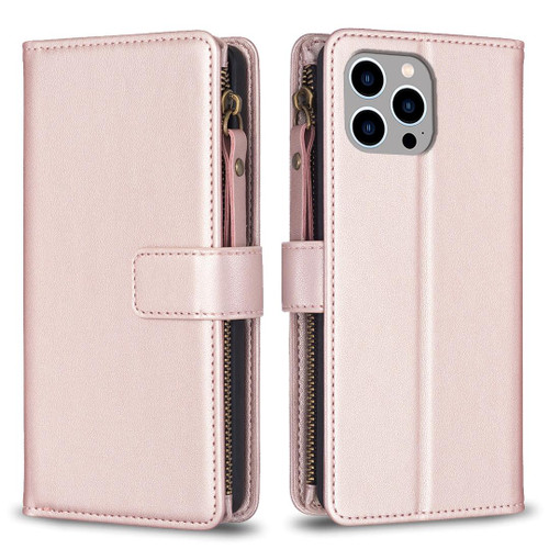 For iPhone 14 Pro Max 9 Card Slots Zipper Wallet Leather Flip Phone Case(Rose Gold)