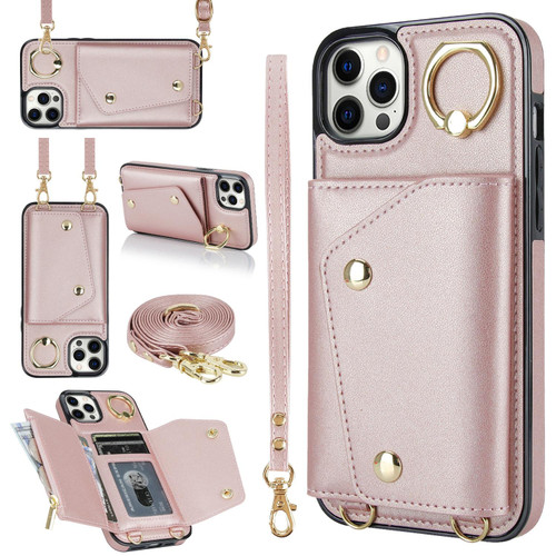 For iPhone 12 Pro Max Zipper Card Bag Phone Case with Dual Lanyard(Rose Gold)