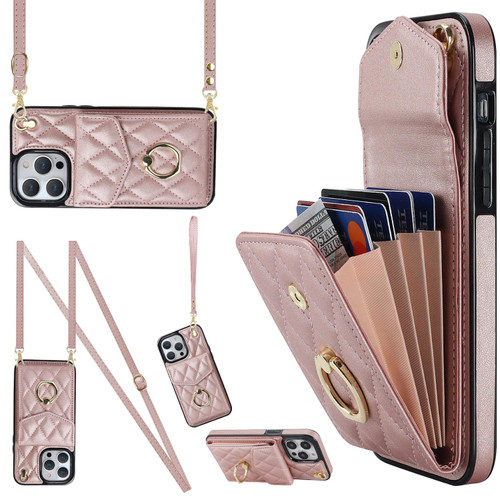 For iPhone 12 Pro Max Rhombic Texture Card Bag Phone Case with Long Lanyard(Rose Gold)