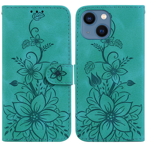 For iPhone 14 Plus Lily Embossed Leather Phone Case(Green)