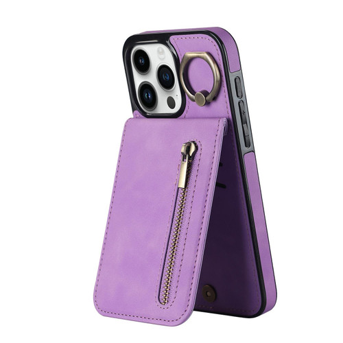For iPhone 15 Pro Retro Ring and Zipper RFID Card Slot Phone Case(Purple)