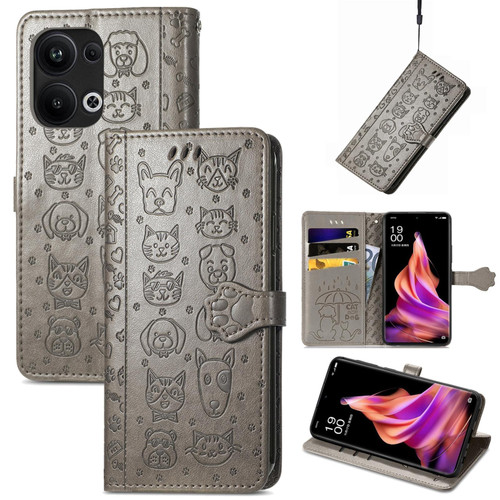 For OPPO Reno9 Pro+ Cat and Dog Embossed Leather Phone Case(Grey)