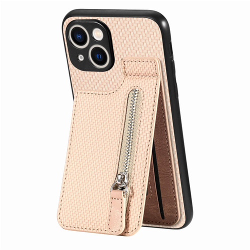 For iPhone 15 Plus Carbon Fiber Vertical Flip Zipper Phone Case(Khaki)