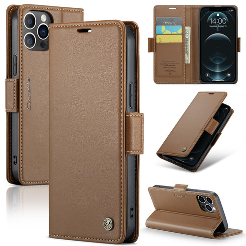 For iPhone 12 Pro Max CaseMe 023 Butterfly Buckle Litchi Texture RFID Anti-theft Leather Phone Case(Brown)