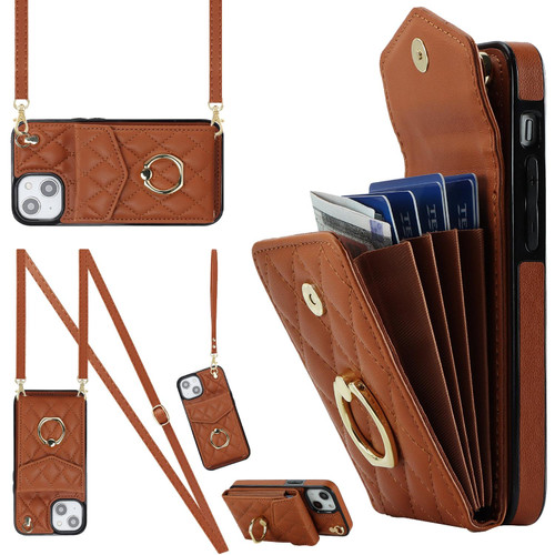 For iPhone 14 Rhombic Texture Card Bag Phone Case with Long Lanyard(Brown)