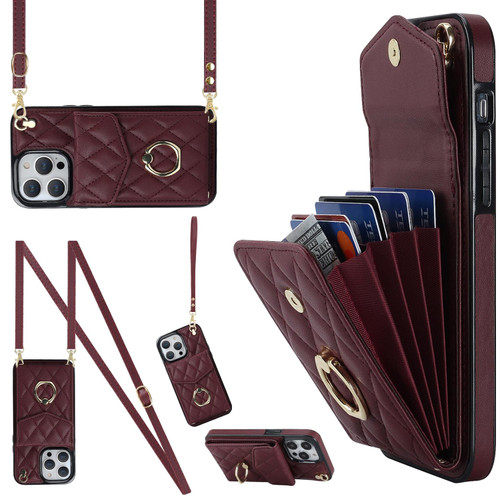 For iPhone 13 Pro Max Rhombic Texture Card Bag Phone Case with Long Lanyard(Wine Red)