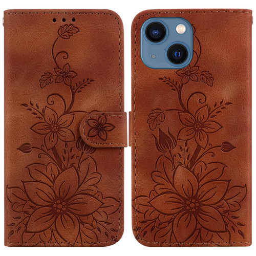 For iPhone 14 Plus Lily Embossed Leather Phone Case(Brown)