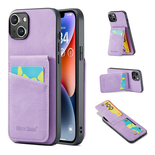 For iPhone 15 Fierre Shann Crazy Horse Card Holder Back Cover PU Phone Case(Purple) For iPhone 15 Fierre Shann Crazy Horse Card Holder Back Cover PU Phone Case(Purple)
