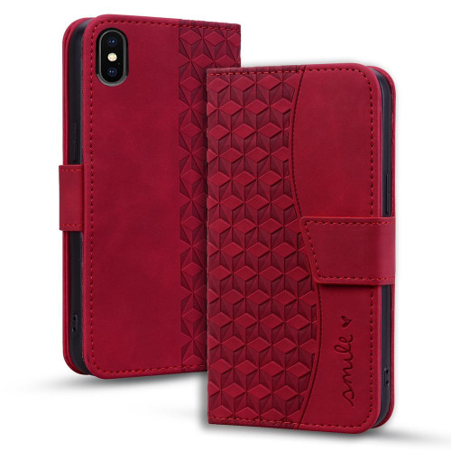 For iPhone X / XS Business Diamond Buckle Leather Phone Case with Lanyard(Wine Red)