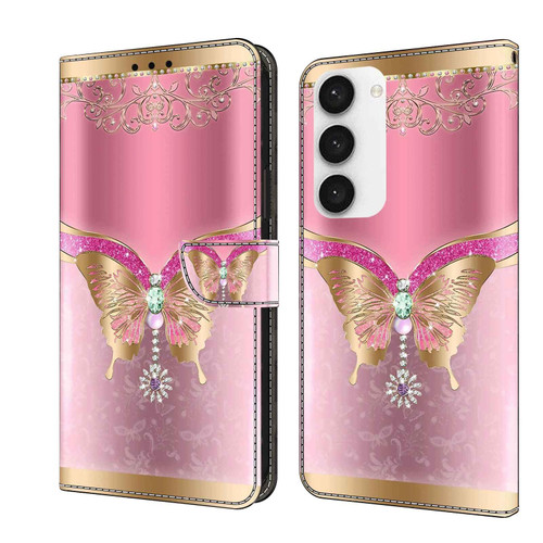 For Samsung Galaxy S23 Crystal 3D Shockproof Protective Leather Phone Case(Pink Bottom Butterfly)