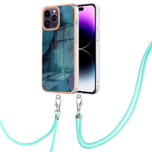 For iPhone 15 Pro Electroplating Marble Dual-side IMD Phone Case with Lanyard(Green 017)