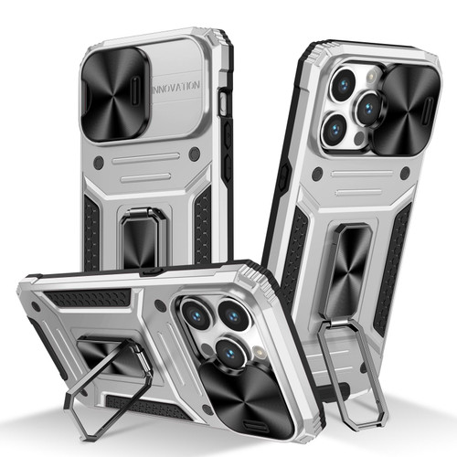 For iPhone 14 Pro Camshield Robot TPU Hybrid PC Phone Case(Silver)
