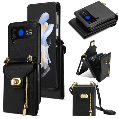 For Samsung Galaxy Z Flip4 Zipper Card Slots Folding Phone Case with Long Lanyard(Black) For Samsung Galaxy Z Flip4 Zipper Card Slots Folding Phone Case with Long Lanyard(Black)