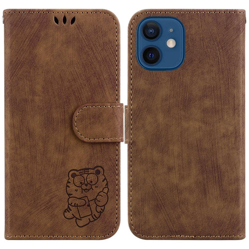 For iPhone 12 mini Little Tiger Embossed Leather Phone Case(Brown)