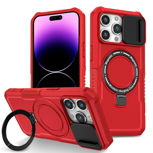 For iPhone 14 Pro Max Sliding Camshield Magsafe Holder TPU Hybrid PC Phone Case(Red)