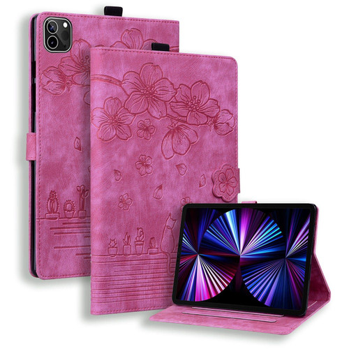 For iPad Pro 11 2022 / Air 10.9 2022 Cartoon Sakura Cat Embossed Smart Leather Tablet Case(Rose Red)