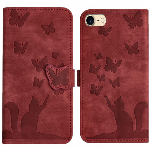 For iPhone SE 2022 / 2020 / 8 / 7 Butterfly Cat Embossing Flip Leather Phone Case(Red)