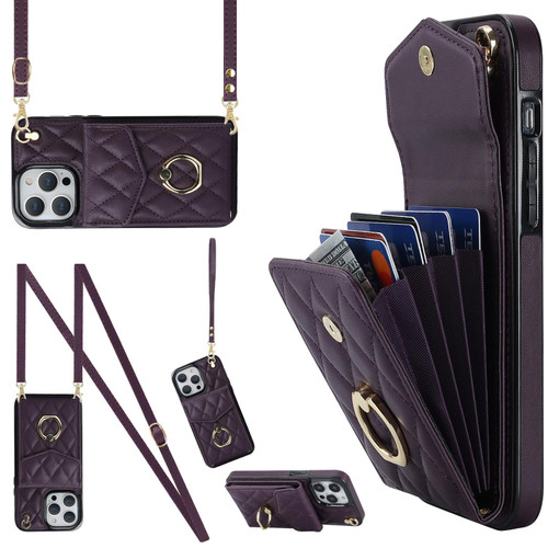 For iPhone 12 / 12 Pro Rhombic Texture Card Bag Phone Case with Long Lanyard(Dark Purple)