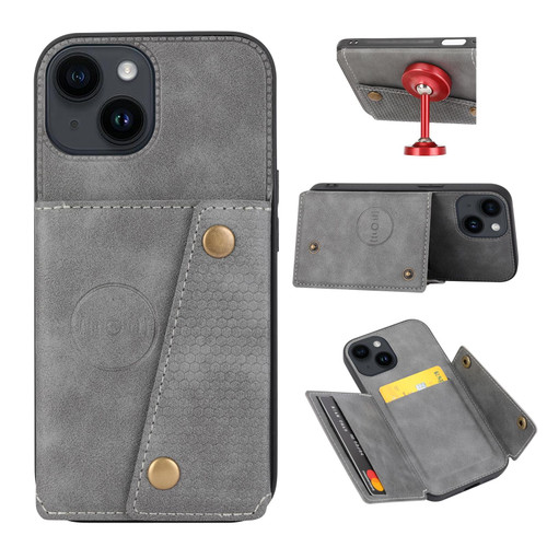 For iPhone 15 Double Buckle Card Slots PU+TPU Phone Case(Grey)