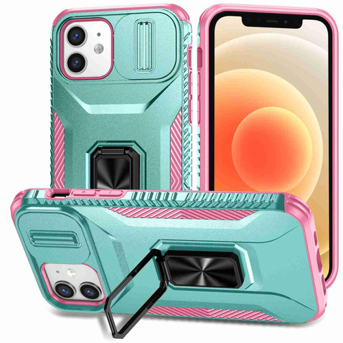 For iPhone 12 / 12 Pro Sliding Camshield Holder Phone Case(Grey Green + Pink)