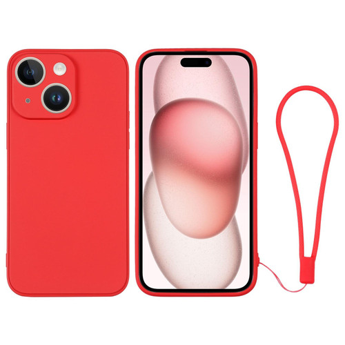 For iPhone 15 Plus Silicone Phone Case with Wrist Strap(Red)
