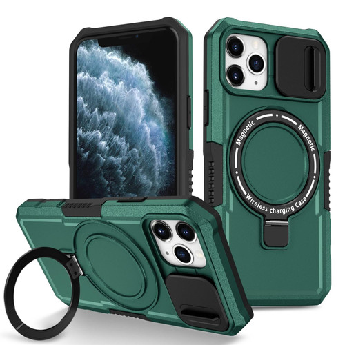 For iPhone 11 Pro Sliding Camshield Magsafe Holder TPU Hybrid PC Phone Case(Deep Green)