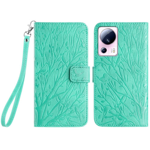 For Xiaomi 13 Lite Tree Birds Embossed Pattern Leather Phone Case(Green)