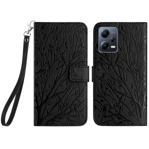 For Xiaomi Redmi Note 12 Pro 5G Global Tree Birds Embossed Pattern Leather Phone Case(Black)